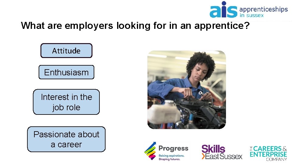 What are employers looking for in an apprentice? Attitude Enthusiasm Interest in the job