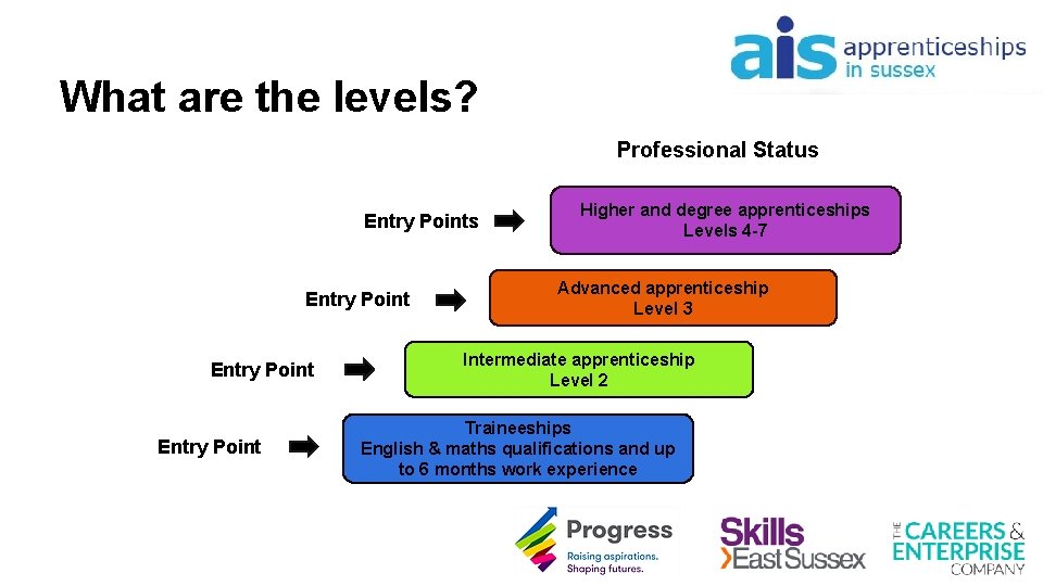 What are the levels? Professional Status Entry Point Higher and degree apprenticeships Levels 4