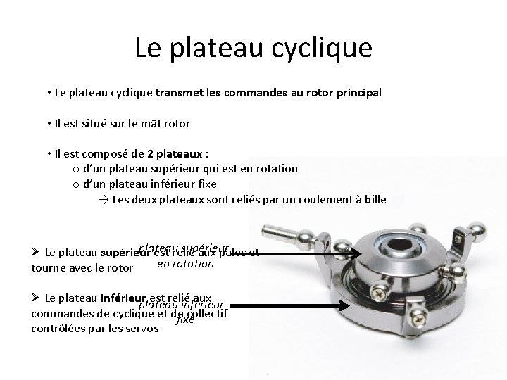 Le plateau cyclique • Le plateau cyclique transmet les commandes au rotor principal •
