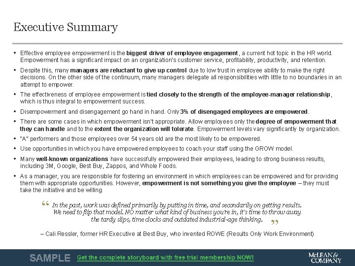 Executive Summary • Effective employee empowerment is the biggest driver of employee engagement, a