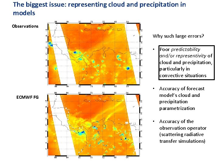 The biggest issue: representing cloud and precipitation in models Observations Why such large errors? The biggest issue: representing cloud and precipitation in models Observations Why such large errors?