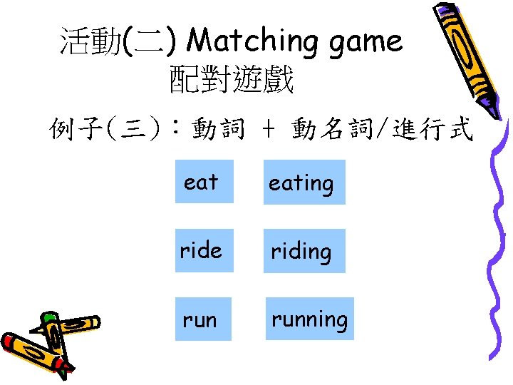 活動(二) Matching game 配對遊戲 例子(三)：動詞 + 動名詞/進行式 eating ride riding running 