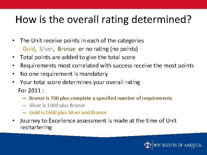 How is the overall rating determined? • The Unit receive points in each of