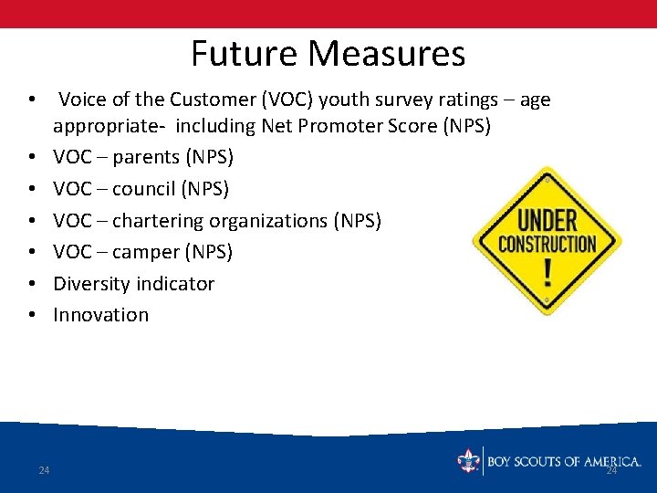 Future Measures • Voice of the Customer (VOC) youth survey ratings – age appropriate-