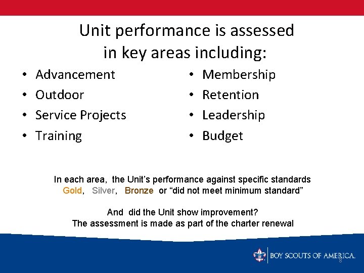 Unit performance is assessed in key areas including: • • Advancement Outdoor Service Projects