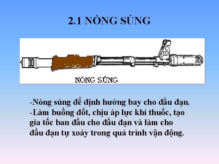 2. 1 NÒNG SÚNG -Nòng súng để định hướng bay cho đầu đạn. -Làm 2. 1 NÒNG SÚNG -Nòng súng để định hướng bay cho đầu đạn. -Làm