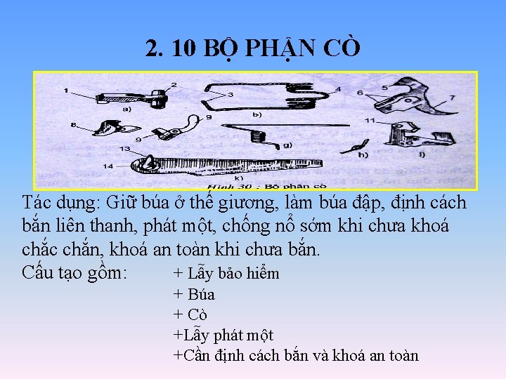 2. 10 BỘ PHẬN CÒ Tác dụng: Giữ búa ở thế giương, làm búa 2. 10 BỘ PHẬN CÒ Tác dụng: Giữ búa ở thế giương, làm búa
