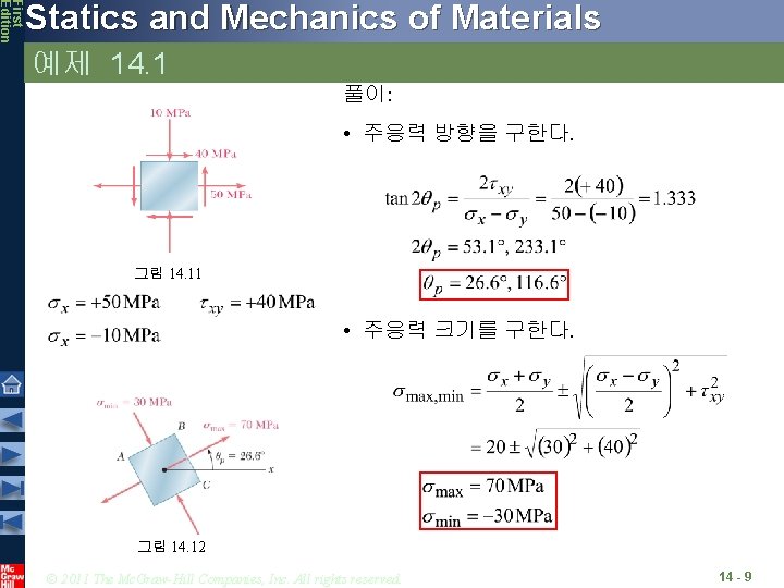 First Edition Statics and Mechanics of Materials 예제 14. 1 풀이: • 주응력 방향을 First Edition Statics and Mechanics of Materials 예제 14. 1 풀이: • 주응력 방향을