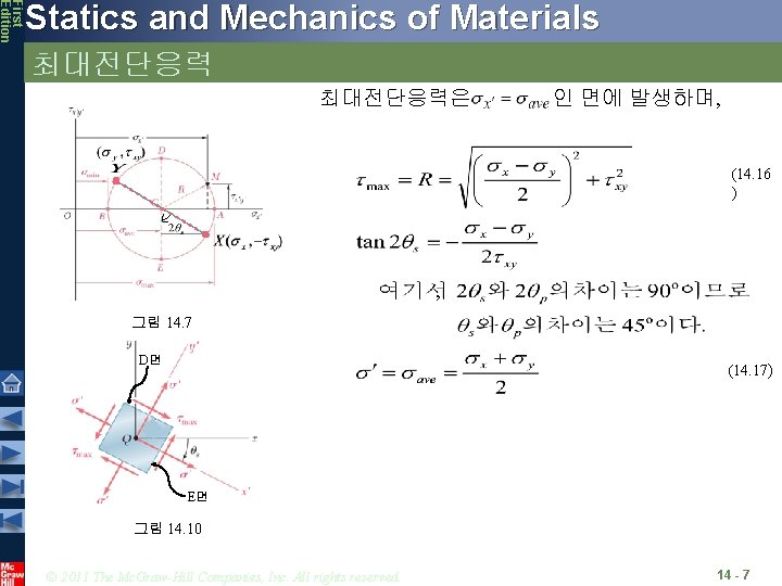 First Edition Statics and Mechanics of Materials 최대전단응력은 인 면에 발생하며, (14. 16 ) First Edition Statics and Mechanics of Materials 최대전단응력은 인 면에 발생하며, (14. 16 )