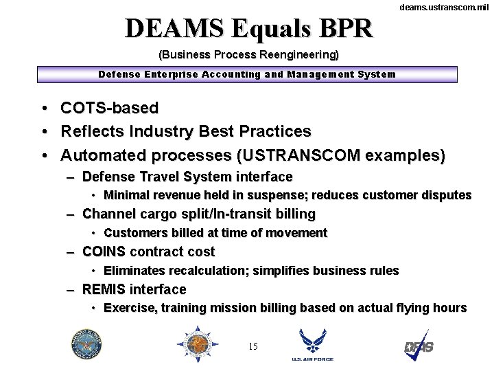 deams. ustranscom. mil DEAMS Equals BPR (Business Process Reengineering) Defense Enterprise Accounting and Management