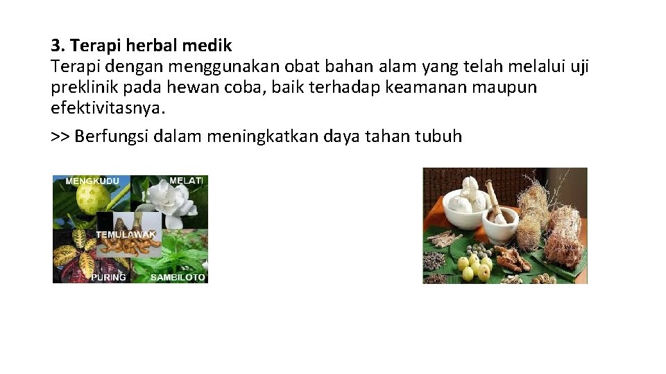 3. Terapi herbal medik Terapi dengan menggunakan obat bahan alam yang telah melalui uji