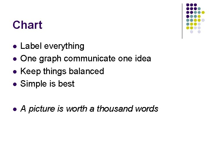 Chart l Label everything One graph communicate one idea Keep things balanced Simple is