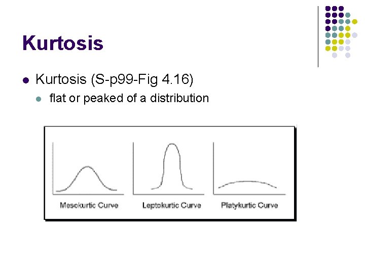 Kurtosis l Kurtosis (S-p 99 -Fig 4. 16) l flat or peaked of a