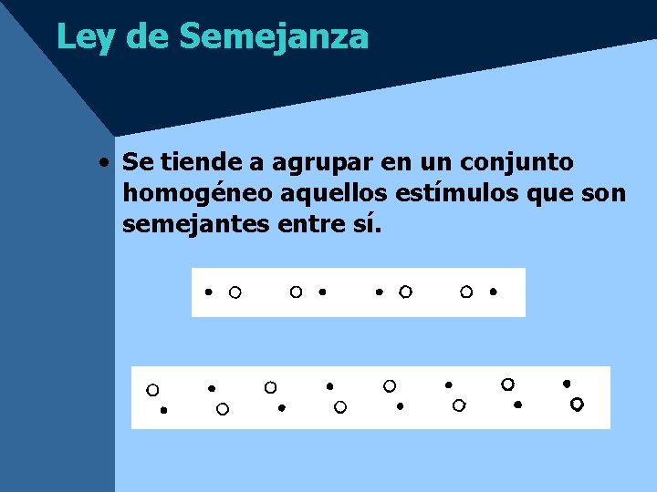 Ley de Semejanza • Se tiende a agrupar en un conjunto homogéneo aquellos estímulos Ley de Semejanza • Se tiende a agrupar en un conjunto homogéneo aquellos estímulos