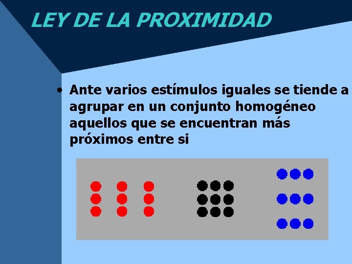 LEY DE LA PROXIMIDAD • Ante varios estímulos iguales se tiende a agrupar en LEY DE LA PROXIMIDAD • Ante varios estímulos iguales se tiende a agrupar en