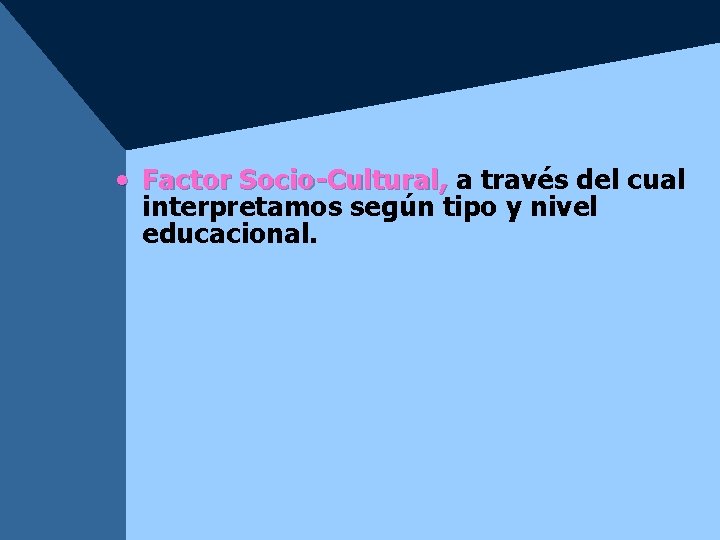 • Factor Socio-Cultural, a través del cual interpretamos según tipo y nivel educacional. • Factor Socio-Cultural, a través del cual interpretamos según tipo y nivel educacional.