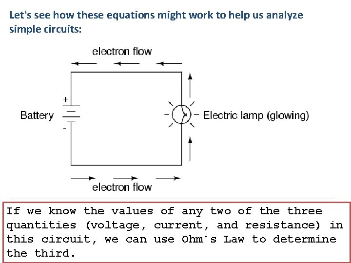 Let's see how these equations might work to help us analyze simple circuits: If