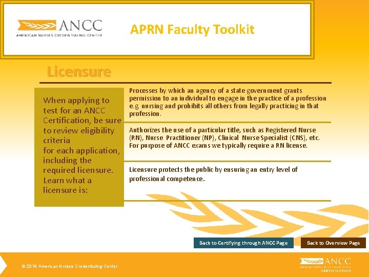 APRN Faculty Toolkit Licensure When applying to test for an ANCC Certification, be sure APRN Faculty Toolkit Licensure When applying to test for an ANCC Certification, be sure