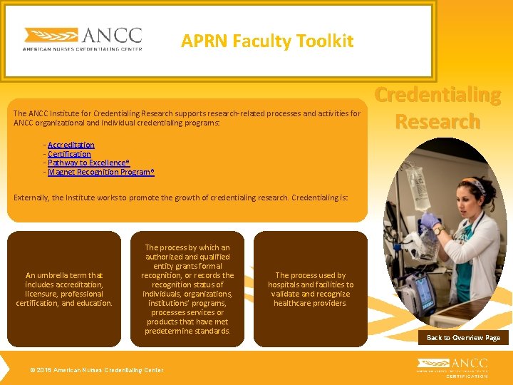 APRN Faculty Toolkit The ANCC Institute for Credentialing Research supports research-related processes and activities APRN Faculty Toolkit The ANCC Institute for Credentialing Research supports research-related processes and activities