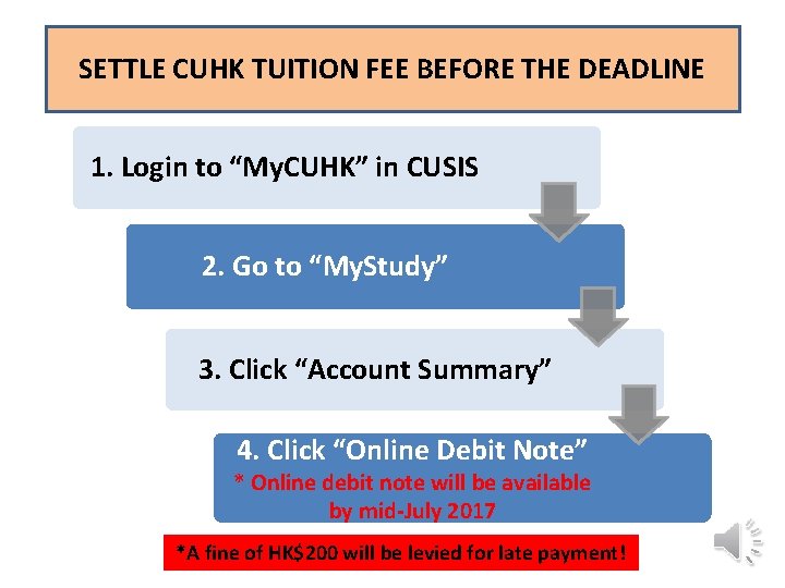 SETTLE CUHK TUITION FEE BEFORE THE DEADLINE 1. Login to “My. CUHK” in CUSIS SETTLE CUHK TUITION FEE BEFORE THE DEADLINE 1. Login to “My. CUHK” in CUSIS