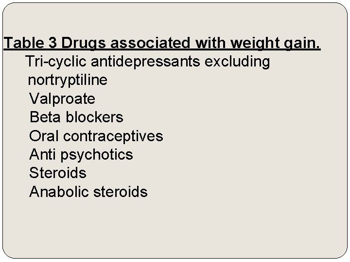 Table 3 Drugs associated with weight gain. Tri-cyclic antidepressants excluding nortryptiline Valproate Beta blockers