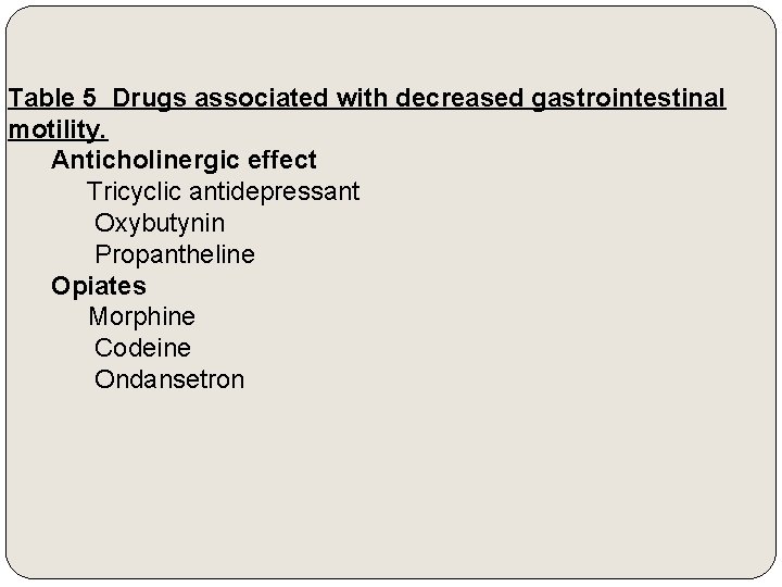 Table 5 Drugs associated with decreased gastrointestinal motility. Anticholinergic effect Tricyclic antidepressant Oxybutynin Propantheline
