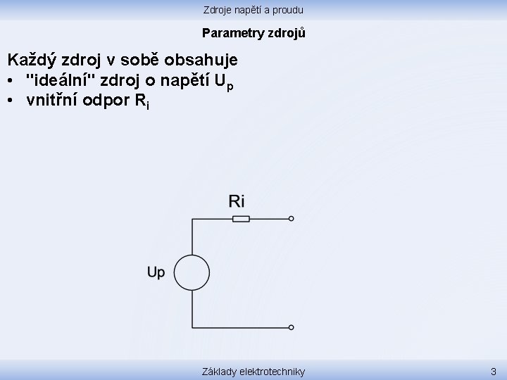 Zdroje napětí a proudu Parametry zdrojů Každý zdroj v sobě obsahuje • "ideální" zdroj