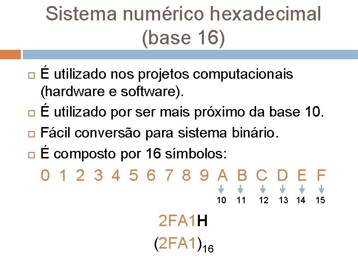 Sistema numérico hexadecimal (base 16) É utilizado nos projetos computacionais (hardware e software). É