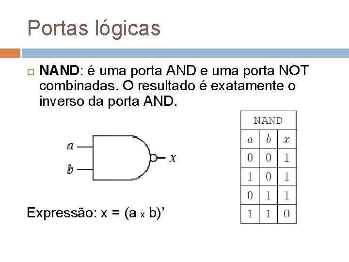 Portas lógicas NAND: é uma porta AND e uma porta NOT combinadas. O resultado