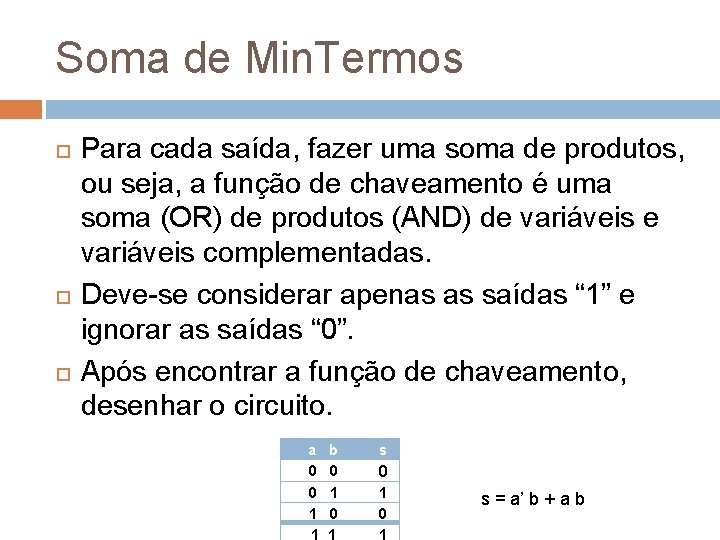 Soma de Min. Termos Para cada saída, fazer uma soma de produtos, ou seja,