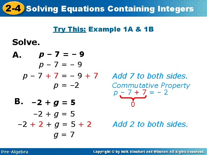 2 -4 Solving Equations Containing Integers Try This: Example 1 A & 1 B
