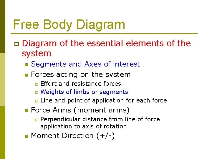 Free Body Diagram p Diagram of the essential elements of the system n n