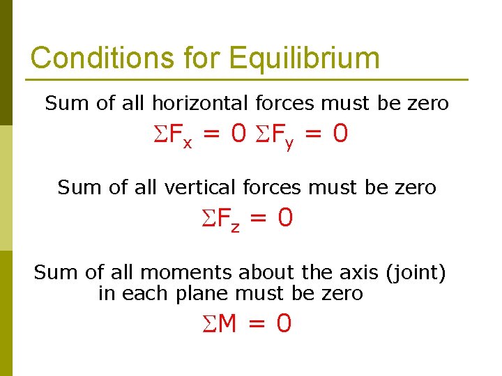 Conditions for Equilibrium Sum of all horizontal forces must be zero Fx = 0