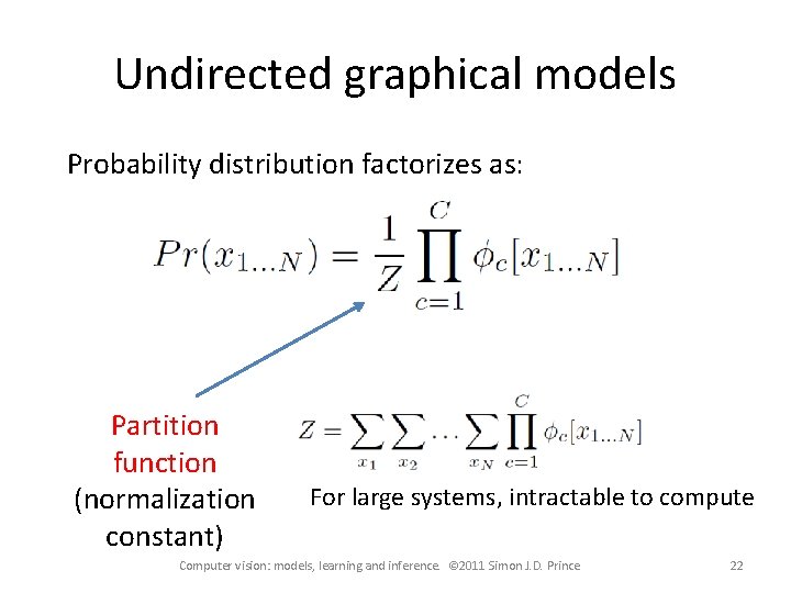 Undirected graphical models Probability distribution factorizes as: Partition function (normalization constant) For large systems,