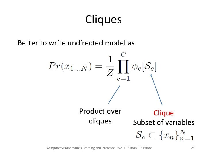 Cliques Better to write undirected model as Product over cliques Clique Subset of variables
