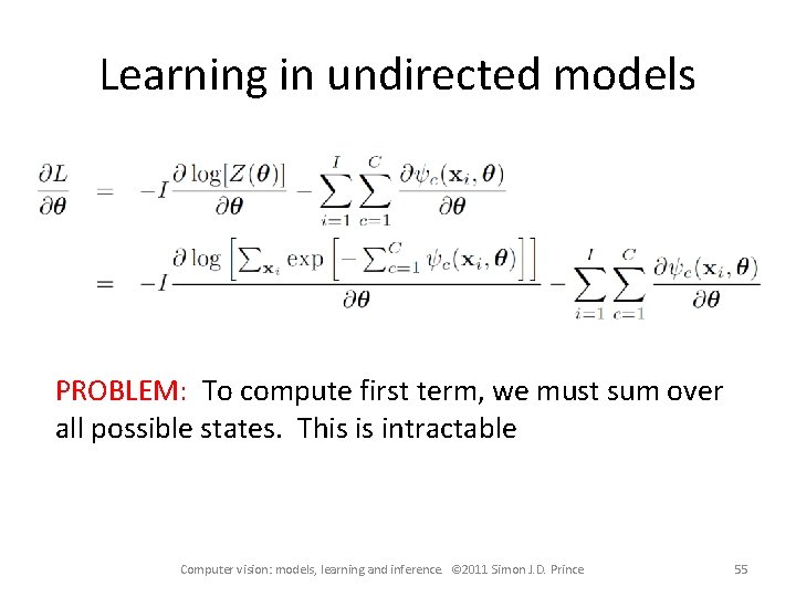 Learning in undirected models PROBLEM: To compute first term, we must sum over all