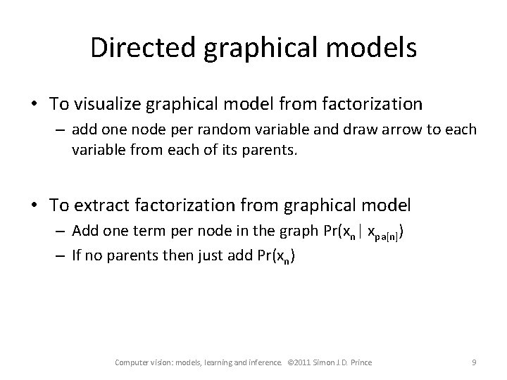 Directed graphical models • To visualize graphical model from factorization – add one node
