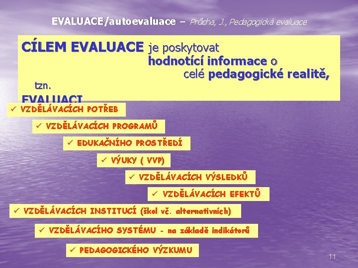 EVALUACE/autoevaluace – Průcha, J. , Pedagogická evaluace CÍLEM EVALUACE je poskytovat hodnotící informace o