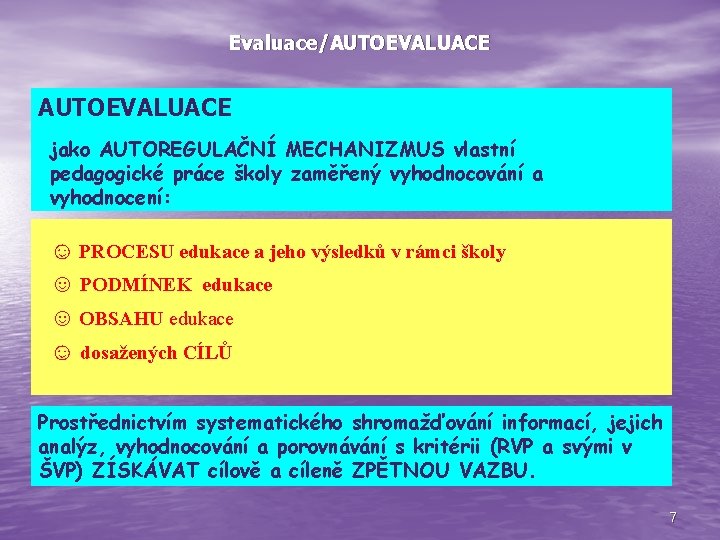 Evaluace/AUTOEVALUACE jako AUTOREGULAČNÍ MECHANIZMUS vlastní pedagogické práce školy zaměřený vyhodnocování a vyhodnocení: ☺ PROCESU