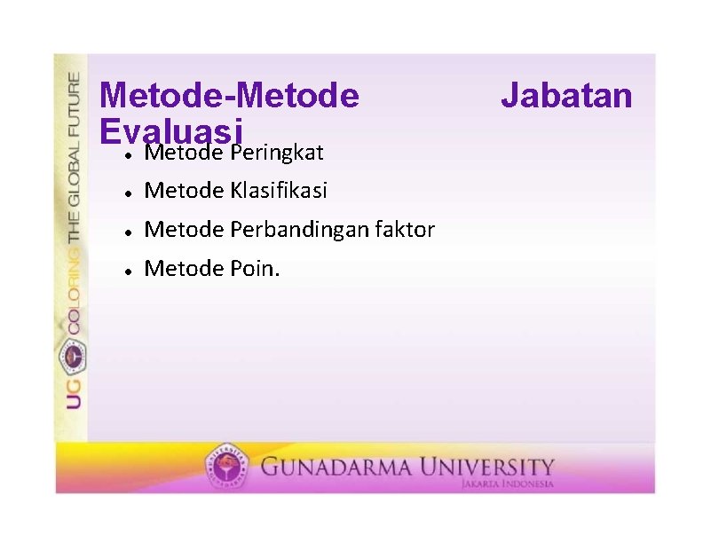 Metode-Metode Evaluasi Metode Peringkat Metode Klasifikasi Metode Perbandingan faktor Metode Poin. Jabatan 