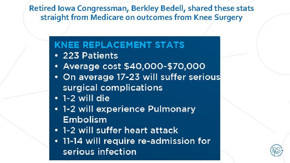 Retired Iowa Congressman, Berkley Bedell, shared these stats straight from Medicare on outcomes from