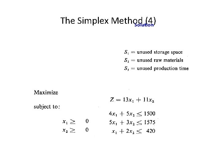 The Simplex Method (4) Solution Step 1: Convert all the inequality constraints into equalities