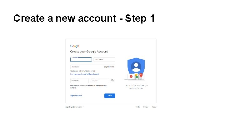Create a new account - Step 1 