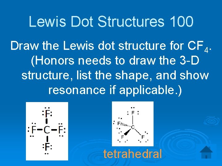 Lewis Dot Structures 100 Draw the Lewis dot structure for CF 4. (Honors needs