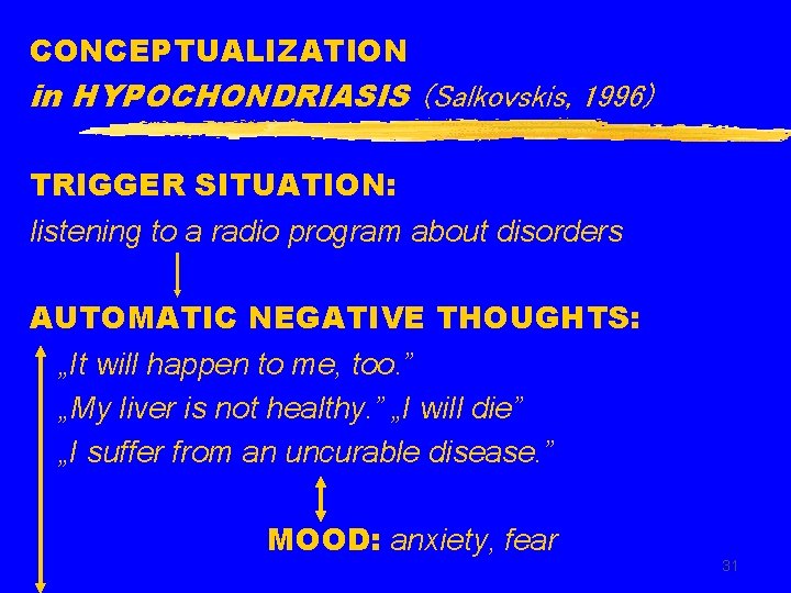 CONCEPTUALIZATION in HYPOCHONDRIASIS (Salkovskis, 1996) TRIGGER SITUATION: listening to a radio program about disorders