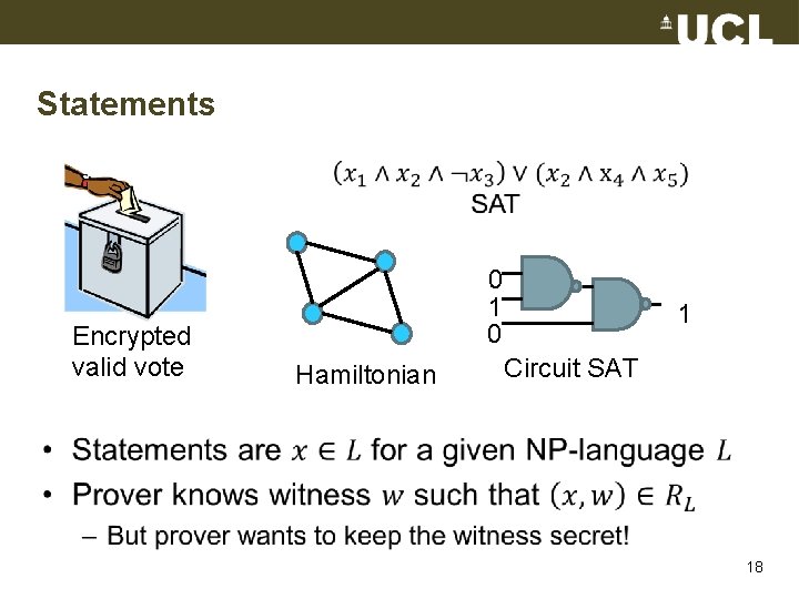 Statements Encrypted valid vote 0 1 0 Hamiltonian 1 Circuit SAT • 18 