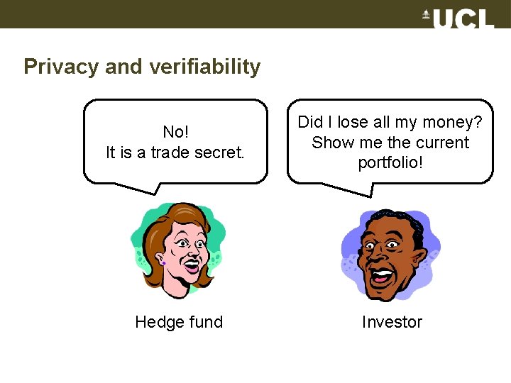 Privacy and verifiability No! It is a trade secret. Hedge fund Did I lose