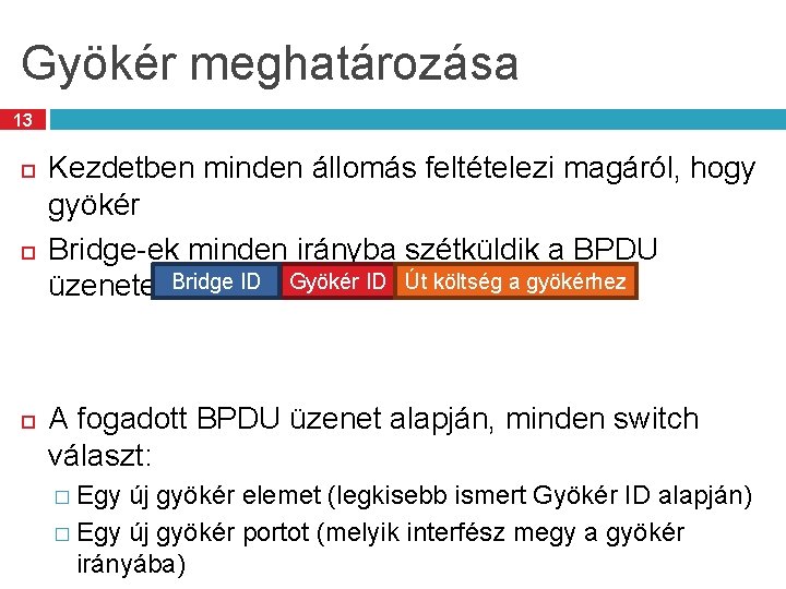 Gyökér meghatározása 13 Kezdetben minden állomás feltételezi magáról, hogy gyökér Bridge-ek minden irányba szétküldik Gyökér meghatározása 13 Kezdetben minden állomás feltételezi magáról, hogy gyökér Bridge-ek minden irányba szétküldik