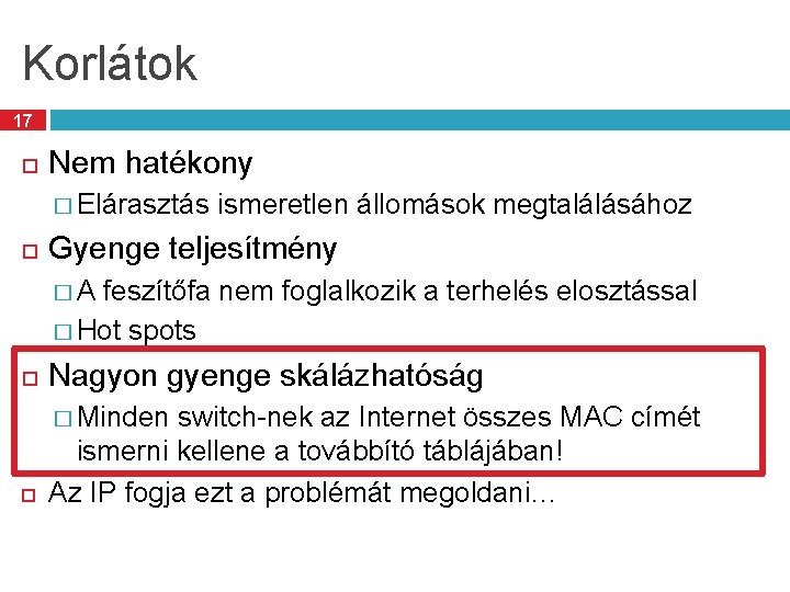 Korlátok 17 Nem hatékony � Elárasztás ismeretlen állomások megtalálásához Gyenge teljesítmény � A feszítőfa Korlátok 17 Nem hatékony � Elárasztás ismeretlen állomások megtalálásához Gyenge teljesítmény � A feszítőfa
