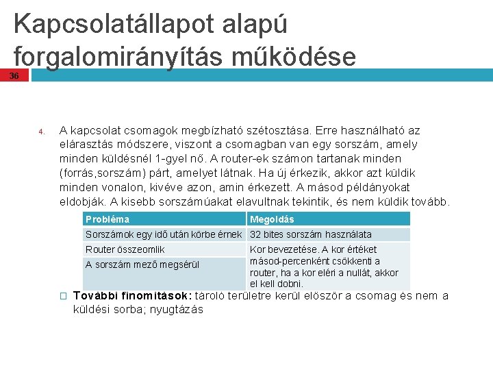 Kapcsolatállapot alapú forgalomirányítás működése 36 4. A kapcsolat csomagok megbízható szétosztása. Erre használható az